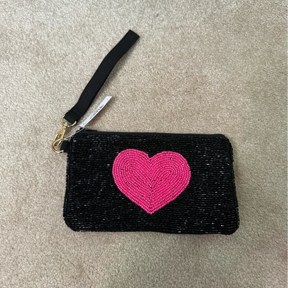 Kirklands Handbags - Black and Pink Beaded Heart Wristlet
